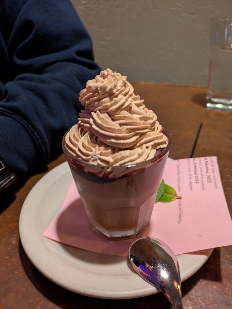 Chocolate Budino with Mixed Berry Compote & Espresso Whipped Cream